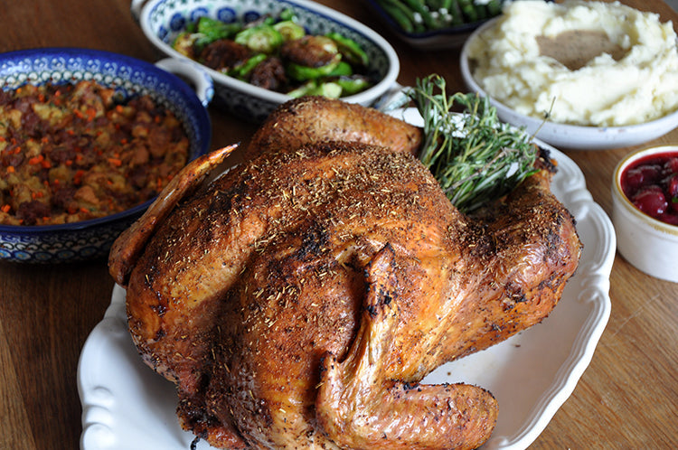 Whole roasted turkey with holiday sides